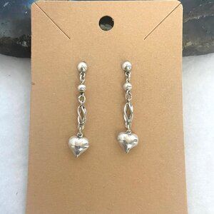 Sterling Silver 925 Dainty Petite Spiral Puffy Heart Dangle Drop Earrings